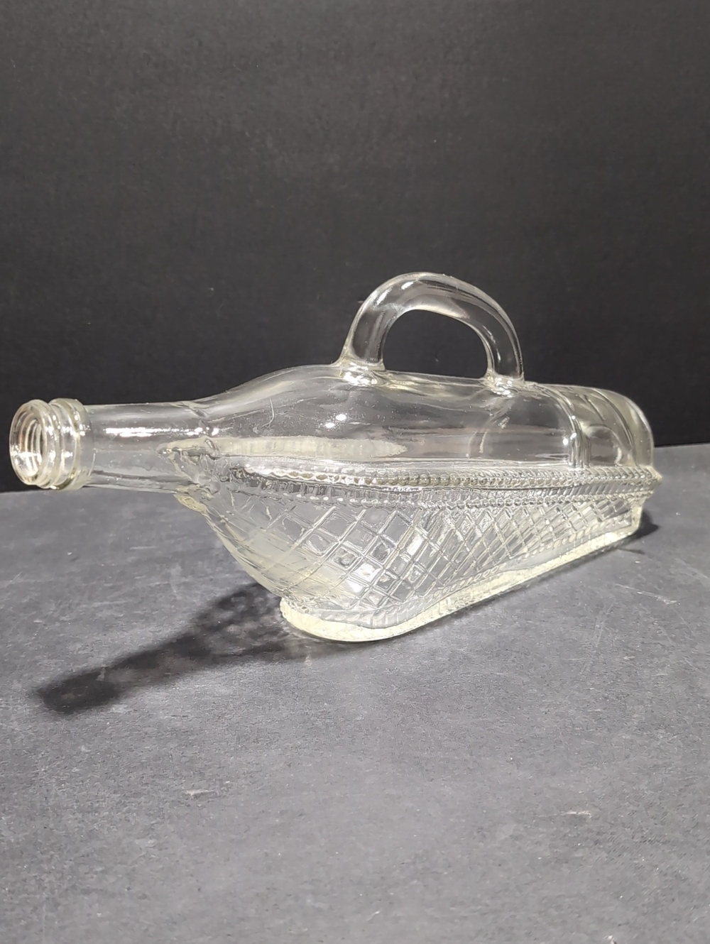 VGT 1960s Clear Glass Horizontal Wine Bottle Decanter.